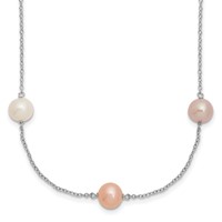 Sterling Silver Rhodium-plated 7-8mm White Pink Purple Near-Round Freshwater Cultured Pearl 9-Station Necklace, 18" view 1