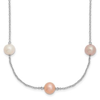 "Sterling Silver Rhodium-plated 7-8mm White, Pink and Purple Near-Round Freshwater Cultured Pearl 9-Station 18 inch Necklace"