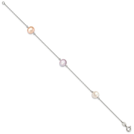"Sterling Silver Rhodium-plated 7-8mm White, Pink and Purple Semi-Round Freshwater Cultured Pearl 3-Station 7.5 inch Bracelet"