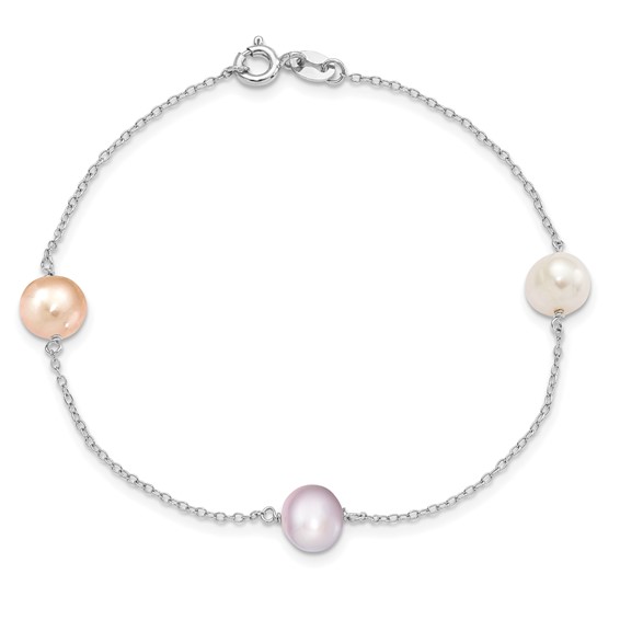 "Sterling Silver Rhodium-plated 7-8mm White, Pink and Purple Semi-Round Freshwater Cultured Pearl 3-Station 7.5 inch Bracelet"