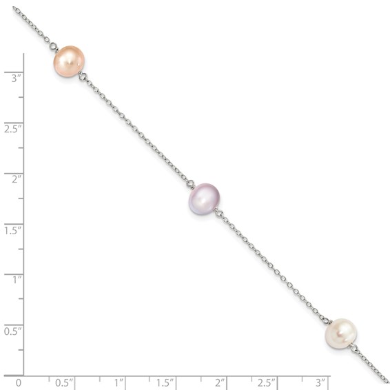 "Sterling Silver Rhodium-plated 7-8mm White, Pink and Purple Semi-Round Freshwater Cultured Pearl 3-Station 7.5 inch Bracelet"