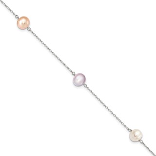 "Sterling Silver Rhodium-plated 7-8mm White, Pink and Purple Semi-Round Freshwater Cultured Pearl 3-Station 7.5 inch Bracelet"