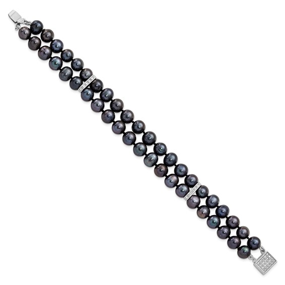 Sterling Silver Rhodium-plated 7-8mm Black Near-Round Freshwater Cultured Pearl and CZ 2-strand 7.5 inch Bracelet