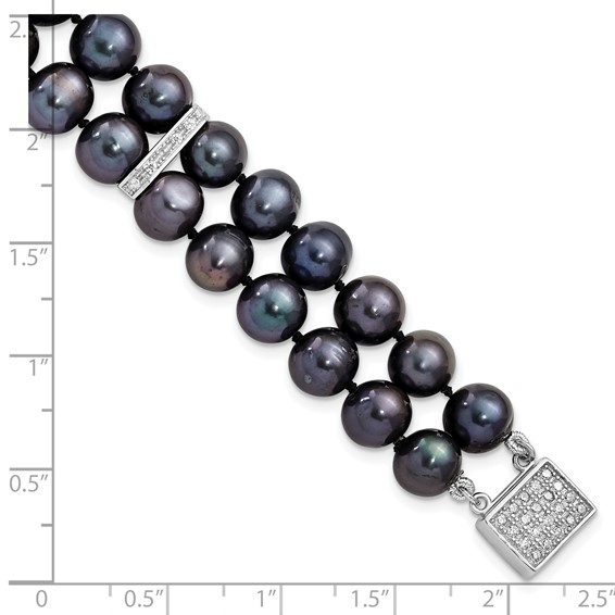 Sterling Silver Rhodium-plated 7-8mm Black Near-Round Freshwater Cultured Pearl and CZ 2-strand 7.5 inch Bracelet