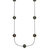 Sterling Silver Rhodium-plated 7-8mm Black Semi-Round Freshwater Cultured Pearl 9-Station Necklace, 18" view 2