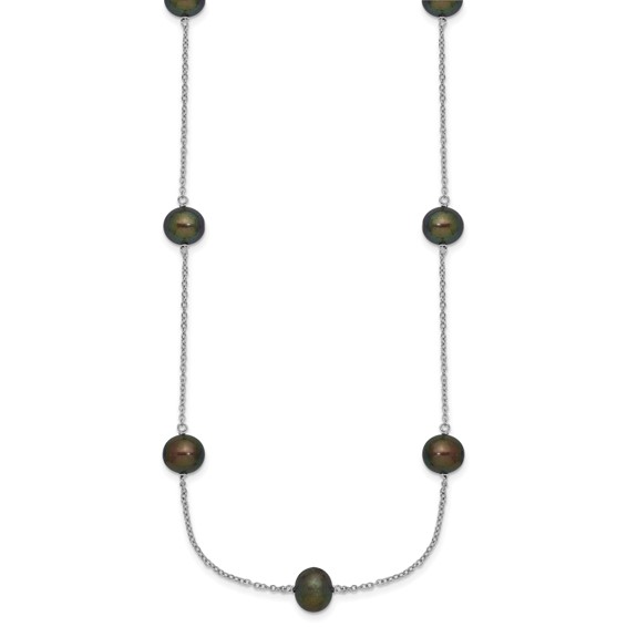Sterling Silver Rhodium-plated 7-8mm Black Semi-Round Freshwater Cultured Pearl 9-Station 18 inch Necklace