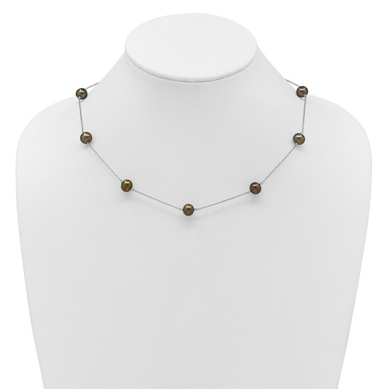 Sterling Silver Rhodium-plated 7-8mm Black Semi-Round Freshwater Cultured Pearl 9-Station 18 inch Necklace