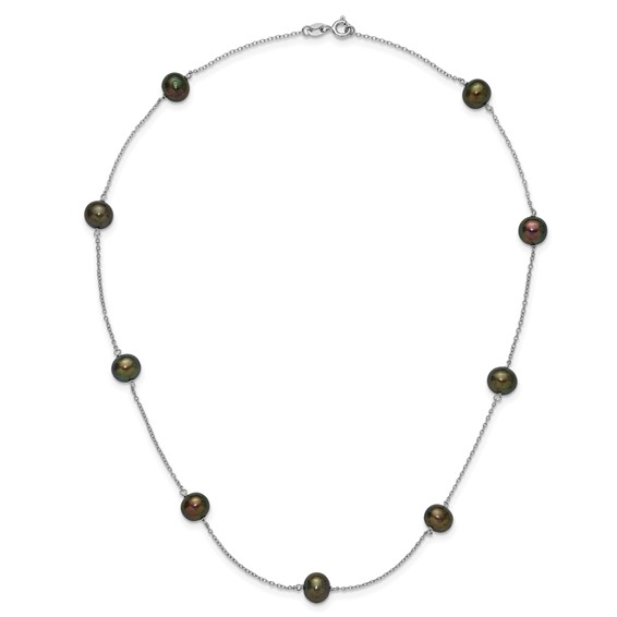 Sterling Silver Rhodium-plated 7-8mm Black Semi-Round Freshwater Cultured Pearl 9-Station 18 inch Necklace
