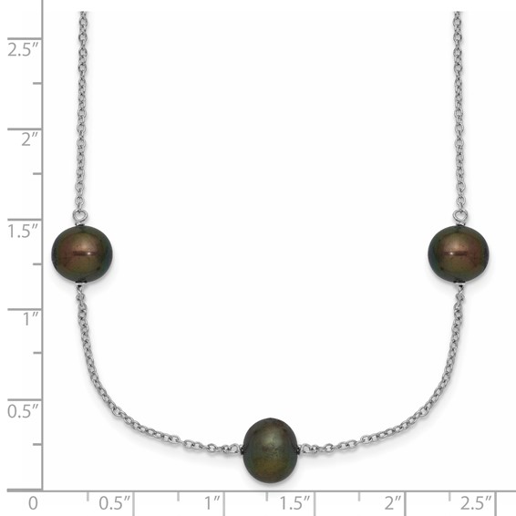Sterling Silver Rhodium-plated 7-8mm Black Semi-Round Freshwater Cultured Pearl 9-Station 18 inch Necklace