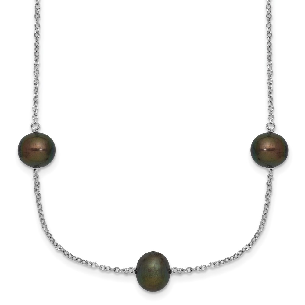 Sterling Silver Rhodium-plated 7-8mm Black Semi-Round Freshwater Cultured Pearl 9-Station 18 inch Necklace (QH5421-18)
