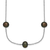 Sterling Silver Rhodium-plated 7-8mm Black Semi-Round Freshwater Cultured Pearl 9-Station Necklace, 18" view 1