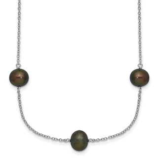Sterling Silver Rhodium-plated 7-8mm Black Semi-Round Freshwater Cultured Pearl 9-Station 18 inch Necklace