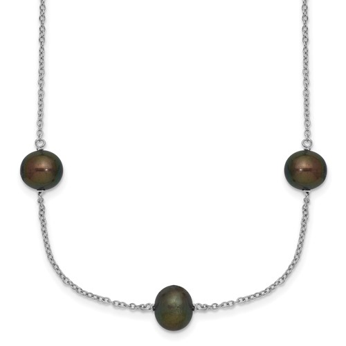 Sterling Silver Rhodium-plated 7-8mm Black Semi-Round Freshwater Cultured Pearl 9-Station Necklace, 18"