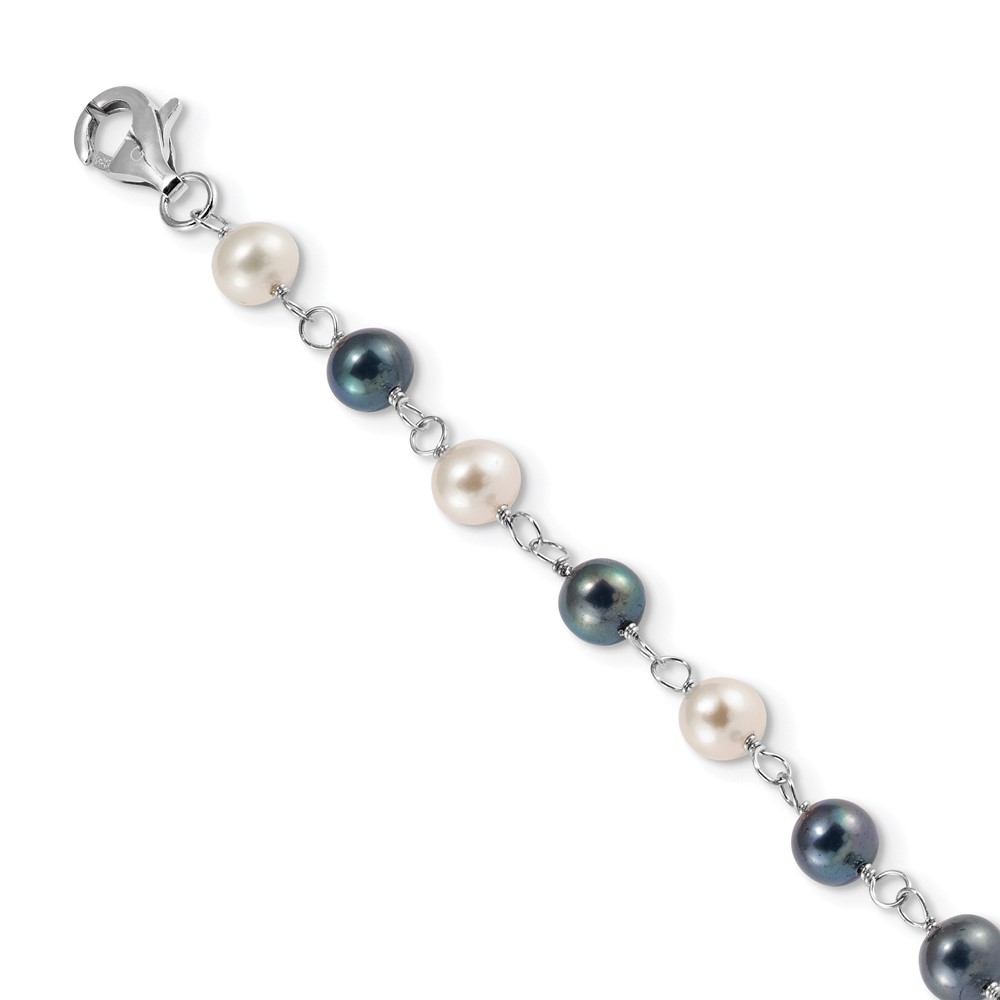 Sterling Silver Rhodium-plated 6-10mm White and Black Freshwater Cultured Pearl Layered 17 inch with 2 inch Extension Necklace (QH5422-17)
