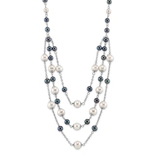 Sterling Silver Rhodium-plated 6-10mm White and Black Freshwater Cultured Pearl Layered 17 inch with 2 inch Extension Necklace