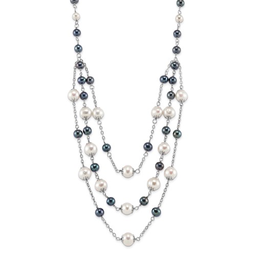 Sterling Silver Rhodium-plated 6-10mm White and Black Freshwater Cultured Pearl Layered Necklace with 2 Inch Extension, 17"