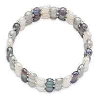6-7mm Black Grey White Button Freshwater Cultured Pearl and Glass Beaded 3-row Stretch Bracelet view 2