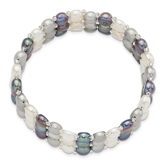"6-7mm Button Black, Grey and White Freshwater Cultured Pearl and Glass Beaded 3-row Stretch Bracelet"
