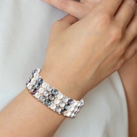 6-7mm Black Grey White Button Freshwater Cultured Pearl and Glass Beaded 3-row Stretch Bracelet view 4
