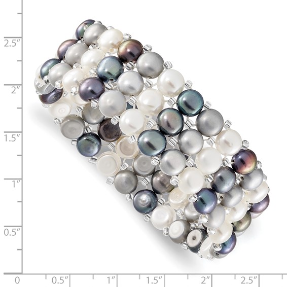 "6-7mm Button Black, Grey and White Freshwater Cultured Pearl and Glass Beaded 3-row Stretch Bracelet"