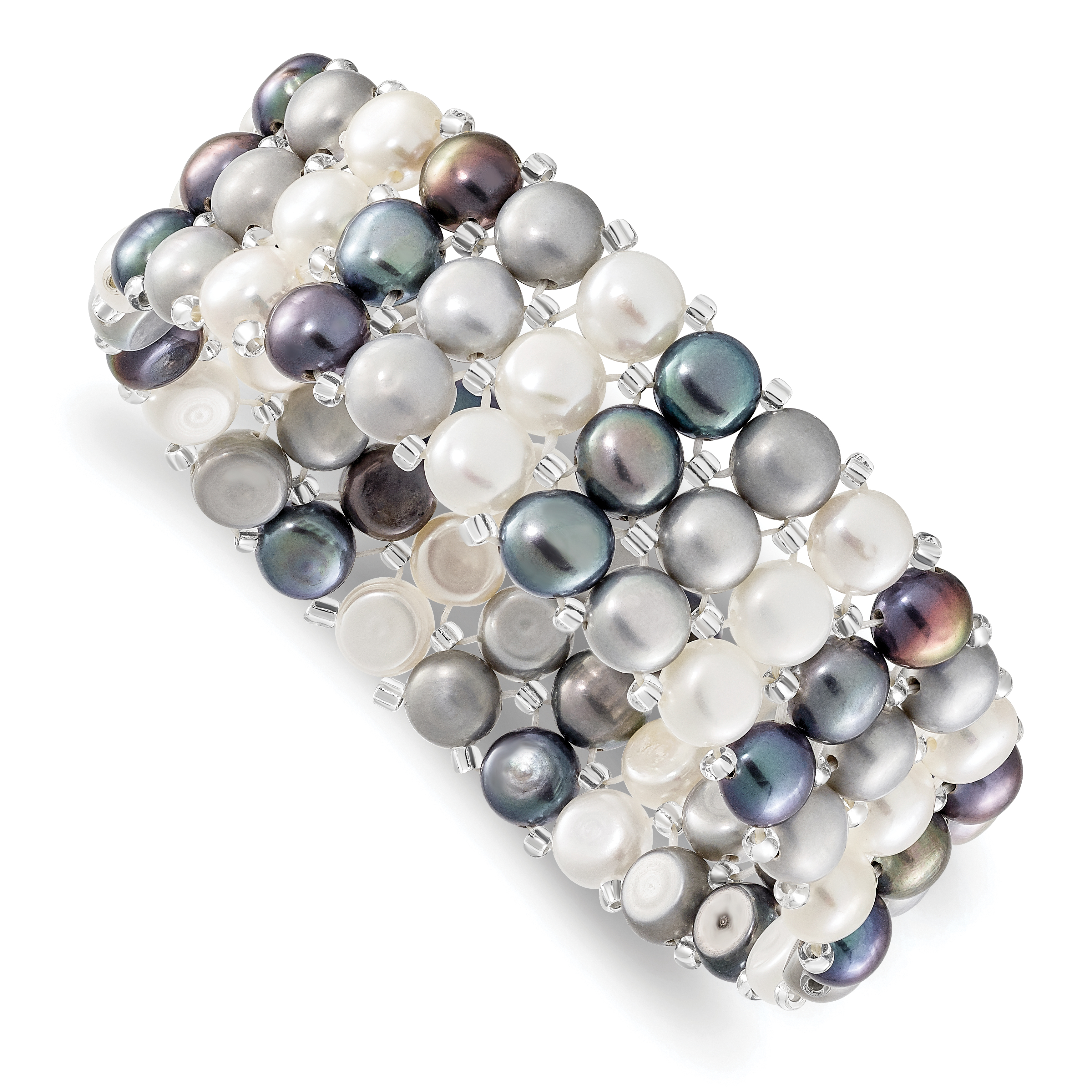 6-7mm Button Black, Grey and White Freshwater Cultured Pearl and Glass Beaded 3-row Stretch Bracelet (QH5424)