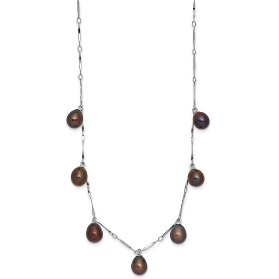 Sterling Silver Rhodium-plated 7-8mm Black Teardrop Freshwater Cultured Pearl Dangle 7-Station 17.5 inch Necklace