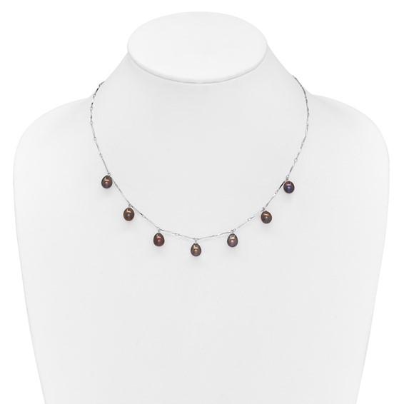 Sterling Silver Rhodium-plated 7-8mm Black Teardrop Freshwater Cultured Pearl Dangle 7-Station 17.5 inch Necklace