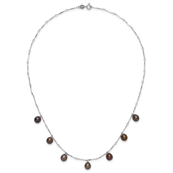 Sterling Silver Rhodium-plated 7-8mm Black Teardrop Freshwater Cultured Pearl Dangle 7-Station 17.5 inch Necklace