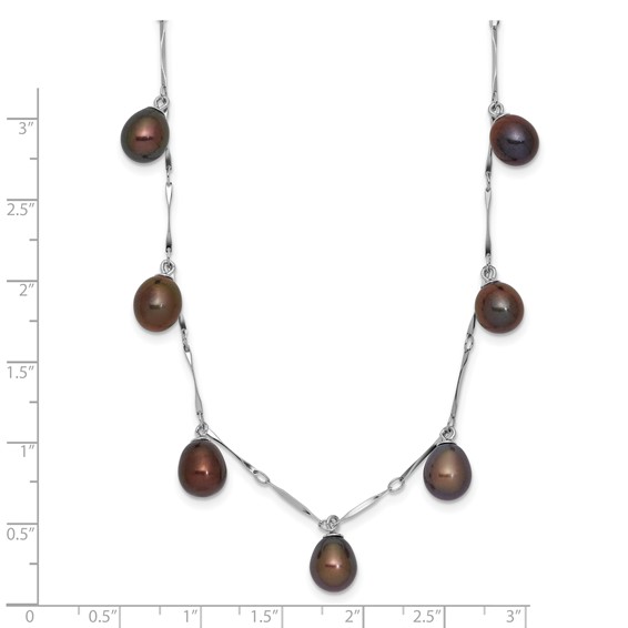 Sterling Silver Rhodium-plated 7-8mm Black Teardrop Freshwater Cultured Pearl Dangle 7-Station 17.5 inch Necklace