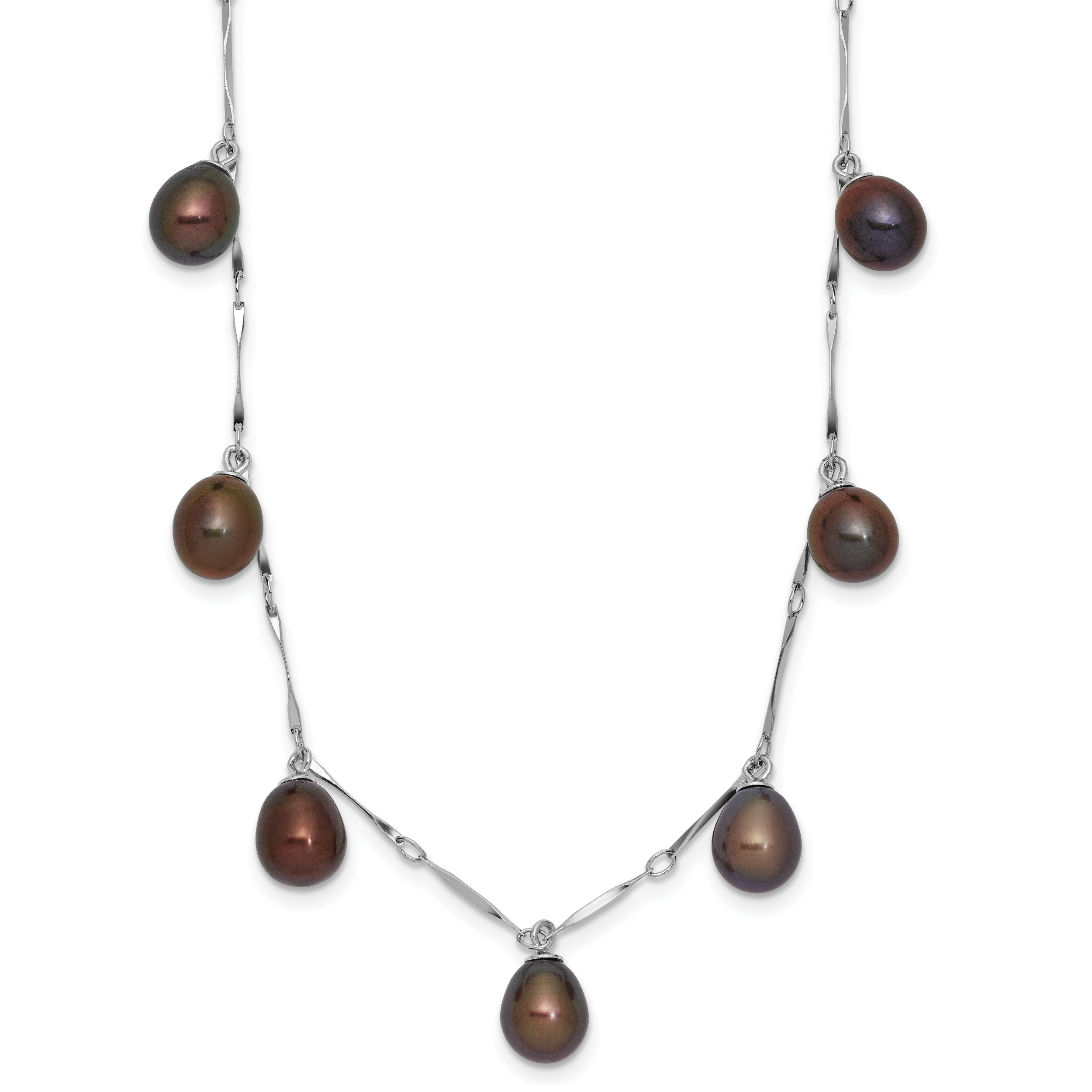 Sterling Silver Rhodium-plated 7-8mm Black Teardrop Freshwater Cultured Pearl Dangle 7-Station 17.5 inch Necklace (QH5425-17.5)