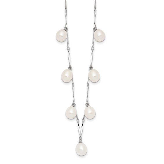 Sterling Silver Rhodium-plated 7-8mm White Teardrop Freshwater Cultured Pearl 7-Station 17.5 inch Necklace