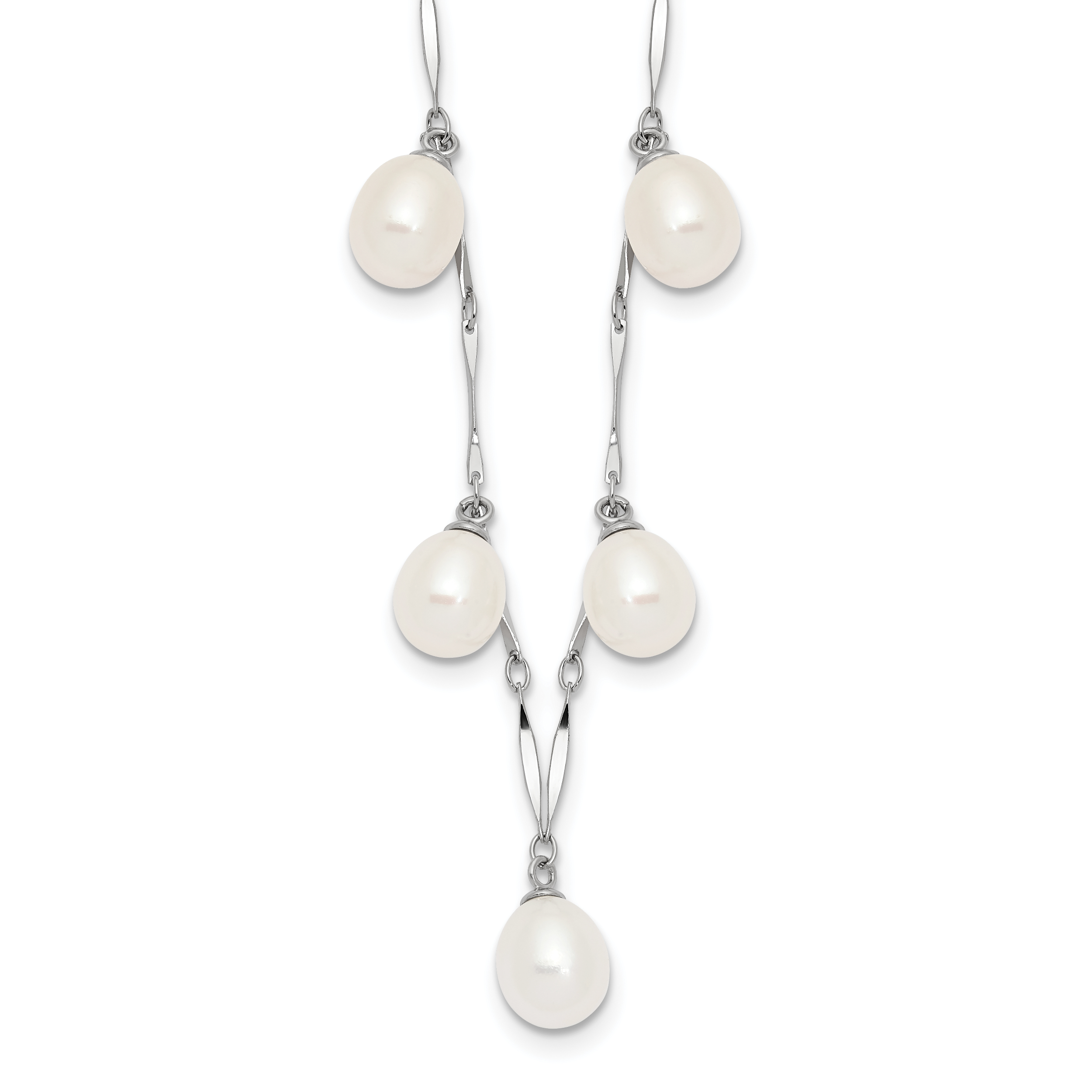 Sterling Silver Rhodium-plated 7-8mm White Teardrop Freshwater Cultured Pearl 7-Station 17.5 inch Necklace (QH5425W-17.5)