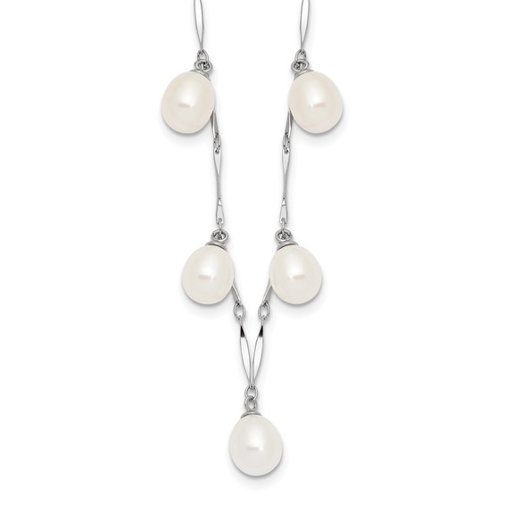 Sterling Silver Rhodium-plated 7-8mm White Teardrop Freshwater Cultured Pearl 7-Station 17.5 inch Necklace