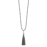 SS Green Glass Hematite Grey Quartz Necklace with Nylon Tassel Drop view 2