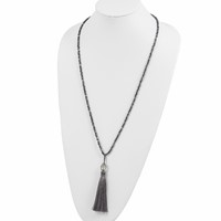 SS Green Glass Hematite Grey Quartz Necklace with Nylon Tassel Drop view 3