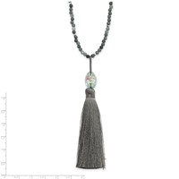 SS Green Glass Hematite Grey Quartz Necklace with Nylon Tassel Drop view 4