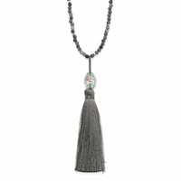 SS Green Glass Hematite Grey Quartz Necklace with Nylon Tassel Drop view 1