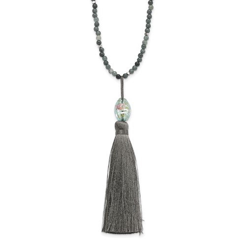 SS Green Glass Hematite Grey Quartz Necklace with Nylon Tassel Drop