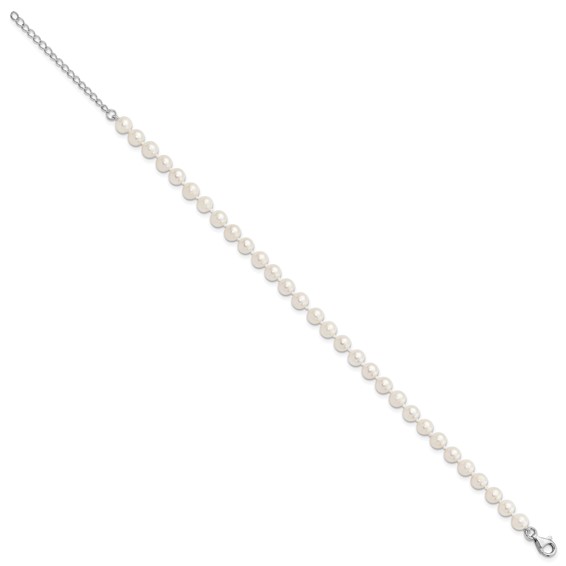 Sterling Silver Rhodium-plated 6-7mm White Near-Round Freshwater Cultured Pearl 8.5 inch with 2 inch Extension Anklet