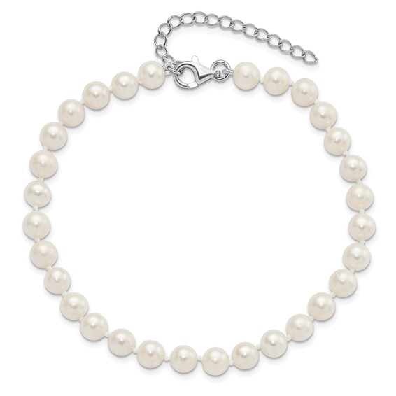 Sterling Silver Rhodium-plated 6-7mm White Near-Round Freshwater Cultured Pearl 8.5 inch with 2 inch Extension Anklet