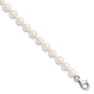 Sterling Silver Rhodium-plated 6-7mm White Near-Round Freshwater Cultured Pearl 8.5 inch with 2 inch Extension Anklet