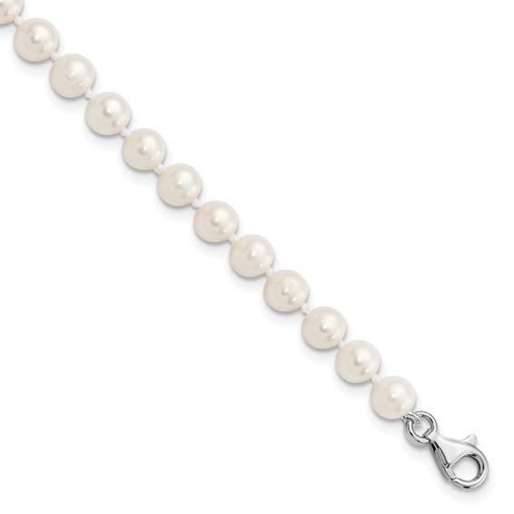 Sterling Silver Rhodium-plated 6-7mm White Near-Round Freshwater Cultured Pearl 8.5 inch with 2 inch Extension Anklet