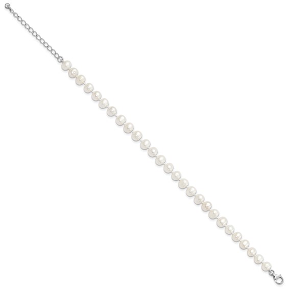 Sterling Silver Rhodium-plated 7-8mm White Near-Round Freshwater Cultured Pearl and CZ 8.5 with 2 inch Extension Anklet