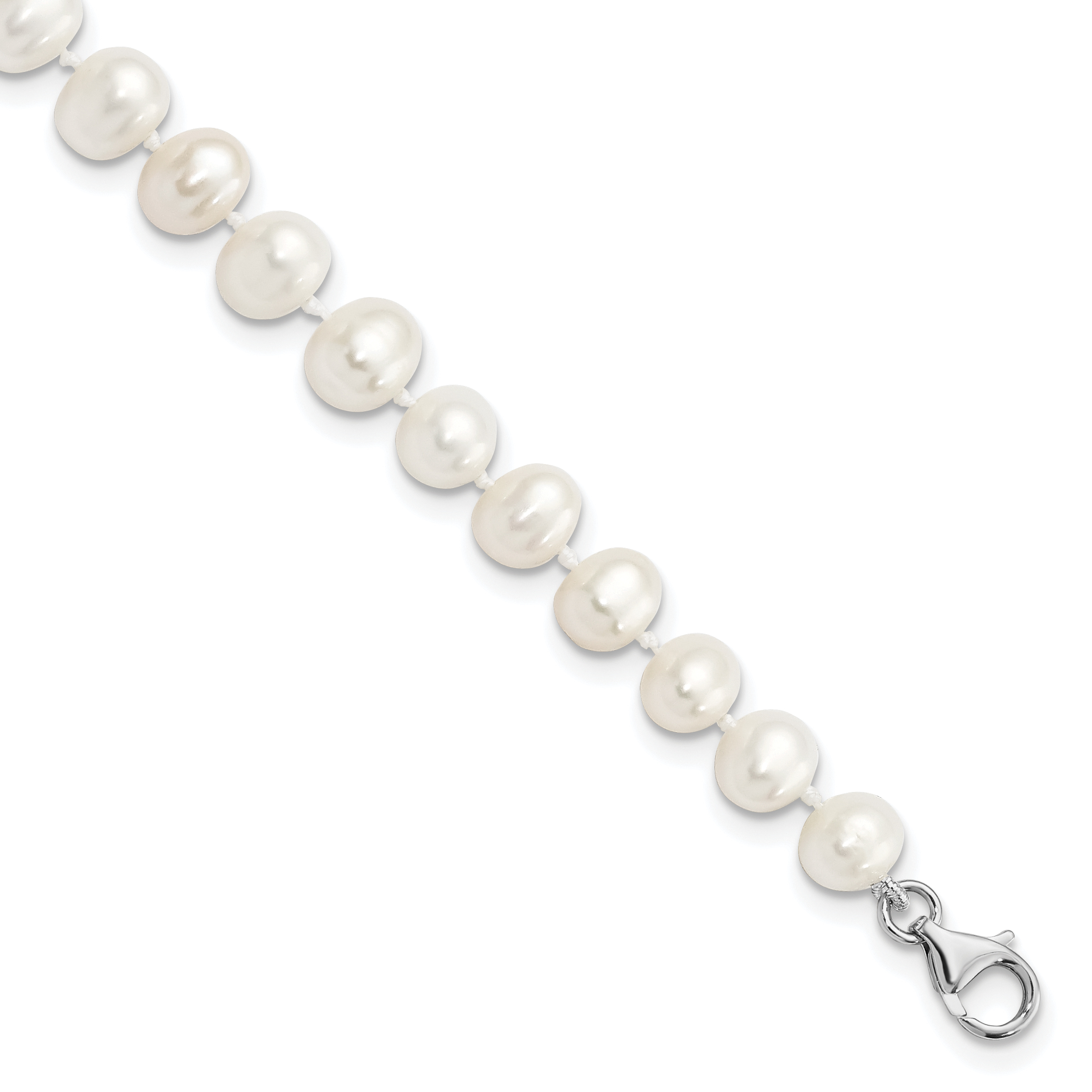 Sterling Silver Rhodium-plated 7-8mm White Near-Round Freshwater Cultured Pearl and CZ 8.5 with 2 inch Extension Anklet (QH5448-8.5)