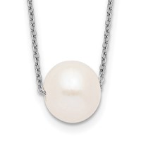 Sterling Silver Rhodium-plated 10-11mm White Near-Round Freshwater Cultured Pearl Necklace, 17" view 1