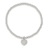 Sterling Silver CZ Heart Beaded Stretch Bracelet view 2