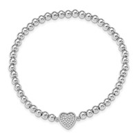 Sterling Silver Rhodium-plated Polished Beaded CZ Heart Stretch Bracelet view 2