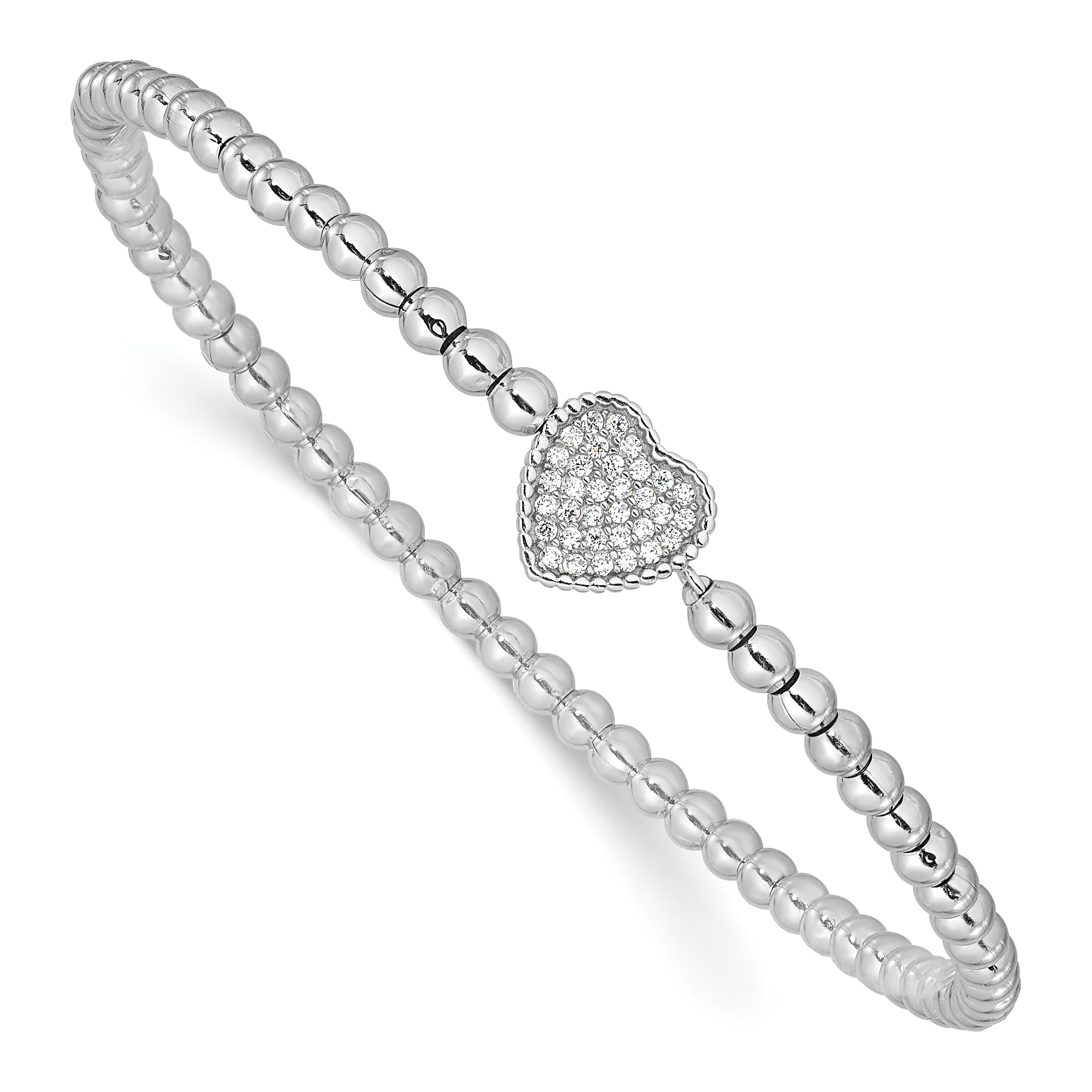 Sterling Silver Rhodium-plated Polished Beaded CZ Heart Stretch Bracelet (QH5453)