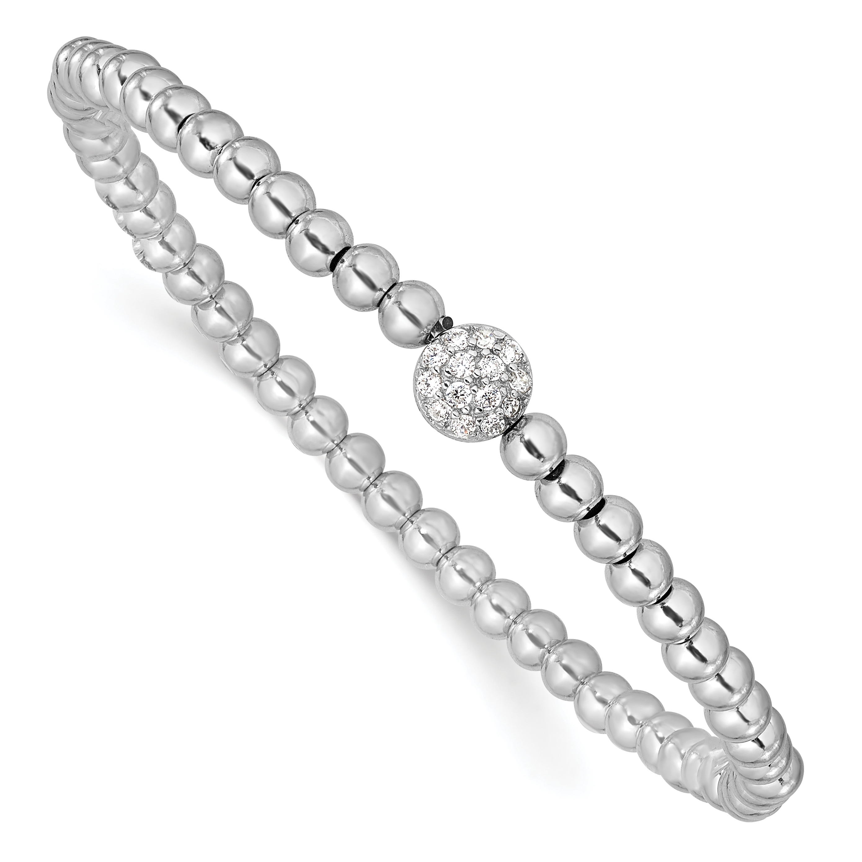 Sterling Silver Rhodium-plated Polished Beaded CZ Stretch Bracelet (QH5455)