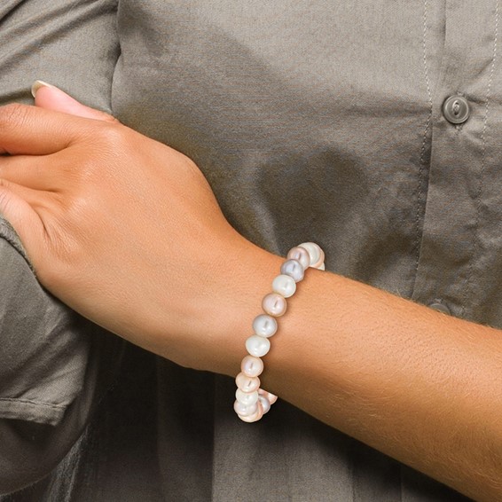 "8-9mm White, Pink and Purple Near-Round Freshwater Cultured Pearl Stretch Bracelet"